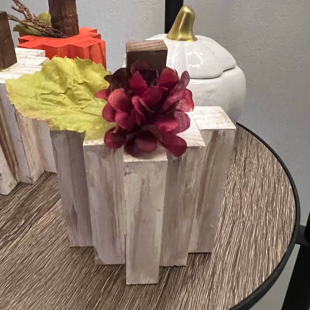 Charming White Wooden Pumpkin with Burgundy Floral Accent